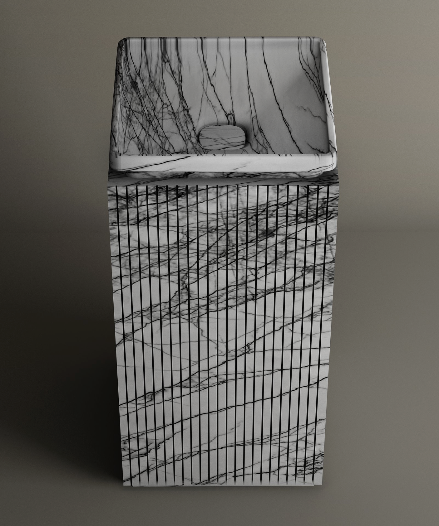 The Lilac Square Marble Pedestal Vanity Sink by TRAVERTABLE features lilac marble with black veining and vertical lines, plus a small round back drain, adding architectural presence to any bathroom when set against a neutral background.