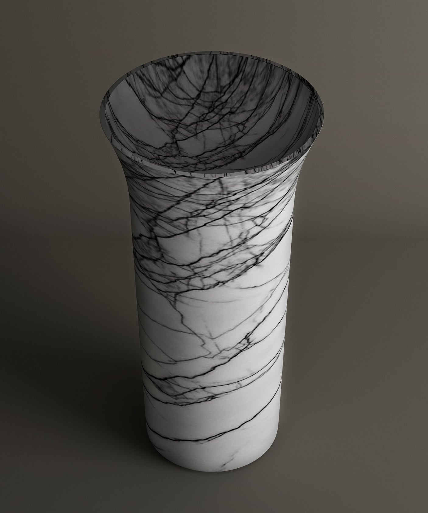 The TRAVERTABLE Lilac Marble Cylinder Pedestal Vanity Sink features dramatic veining, a flared rim, and bold lilac marble, standing tall against a plain, neutral background.