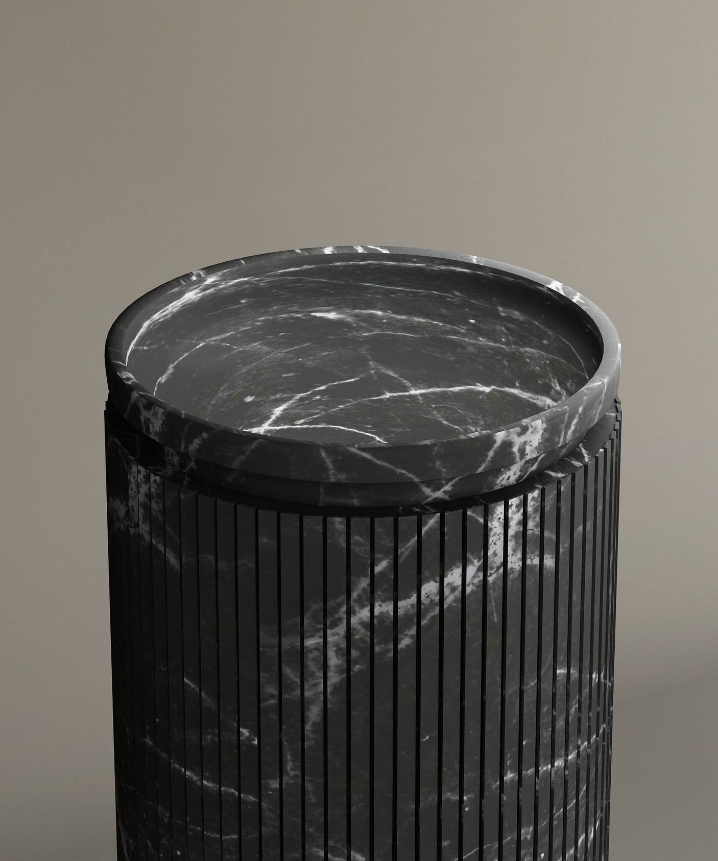 The Nero Marquina Round Marble Pedestal Vanity Sink by TRAVERTABLE displays elegant white veining and vertical grooves, with a flat circular top—perfect for enhancing modern bathrooms set against neutral backgrounds.