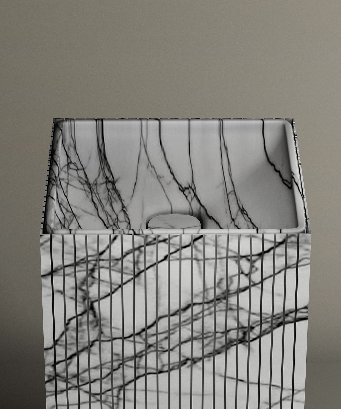 The TRAVERTABLE Lilac Square Fluted Marble Pedestal Vanity Sink features bold dark veining and vertical stripes, creating a striking marble centerpiece set against a plain beige background.