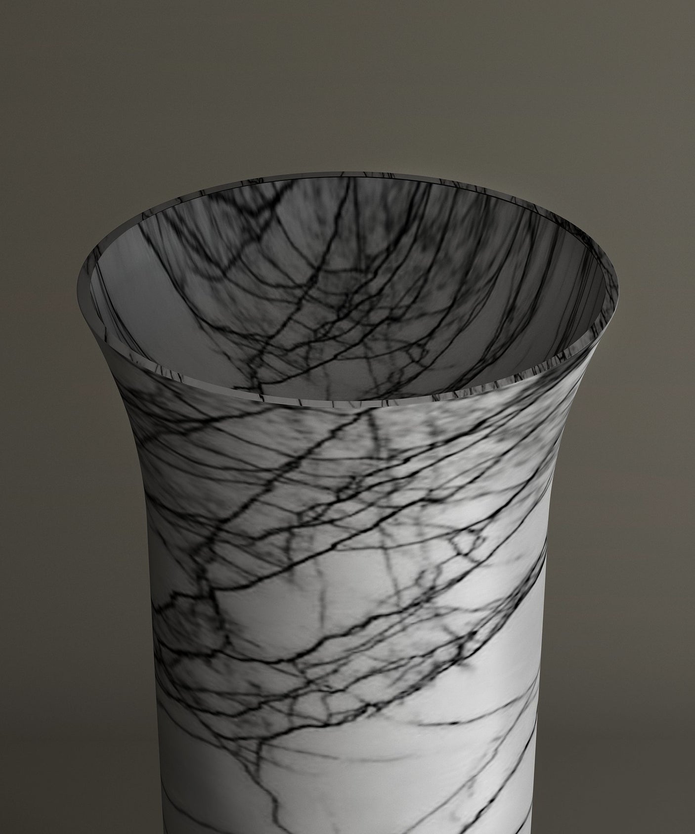 The TRAVERTABLE Lilac Marble Cylinder Pedestal Vanity Sink showcases bold veining on a gray background, its wide-mouthed form elegantly highlighted against a neutral backdrop.