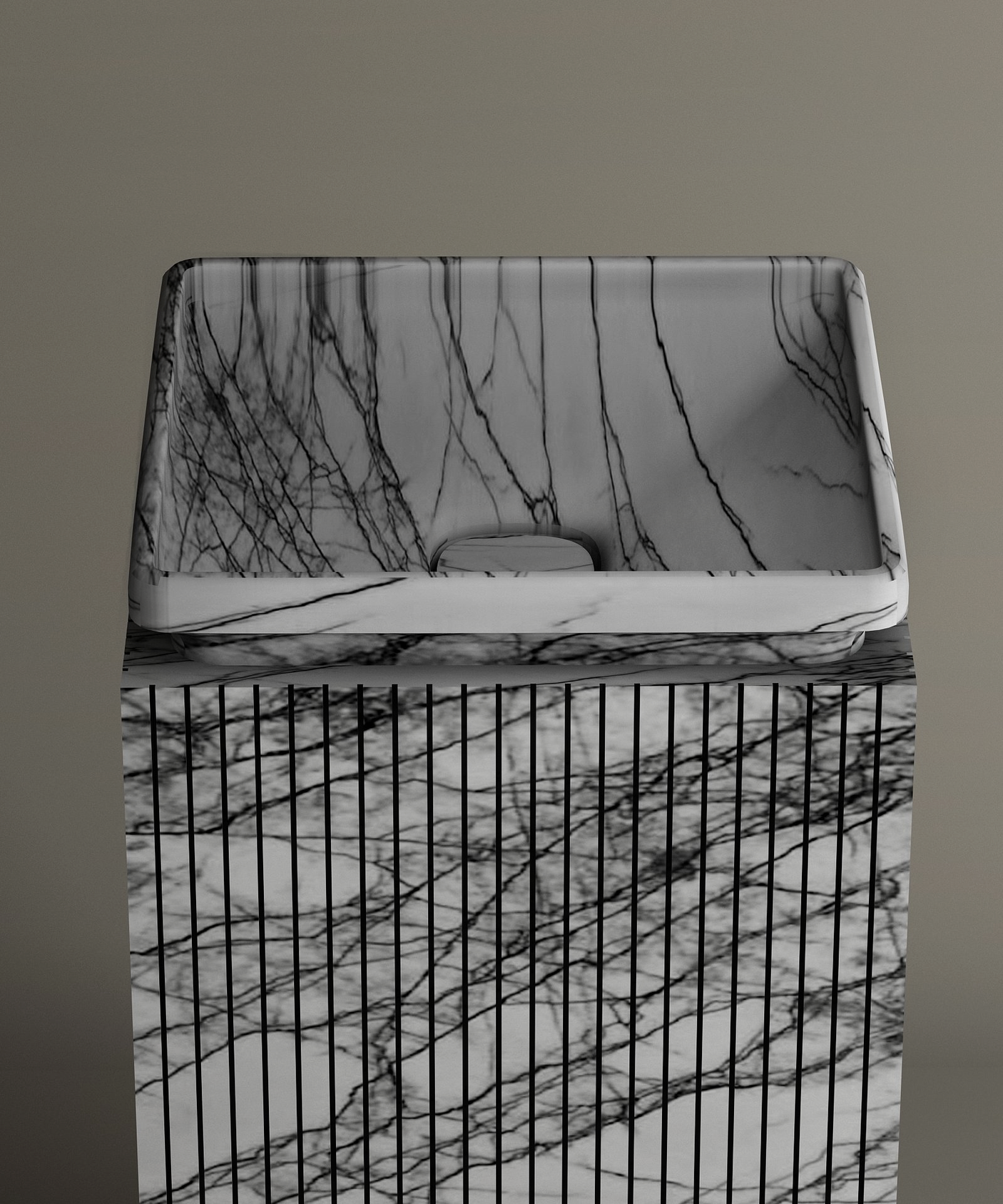 The TRAVERTABLE Lilac Square Marble Pedestal Vanity Sink features striking black veining atop a matching base with vertical lines, making it a bold, architectural centerpiece for any modern bathroom.