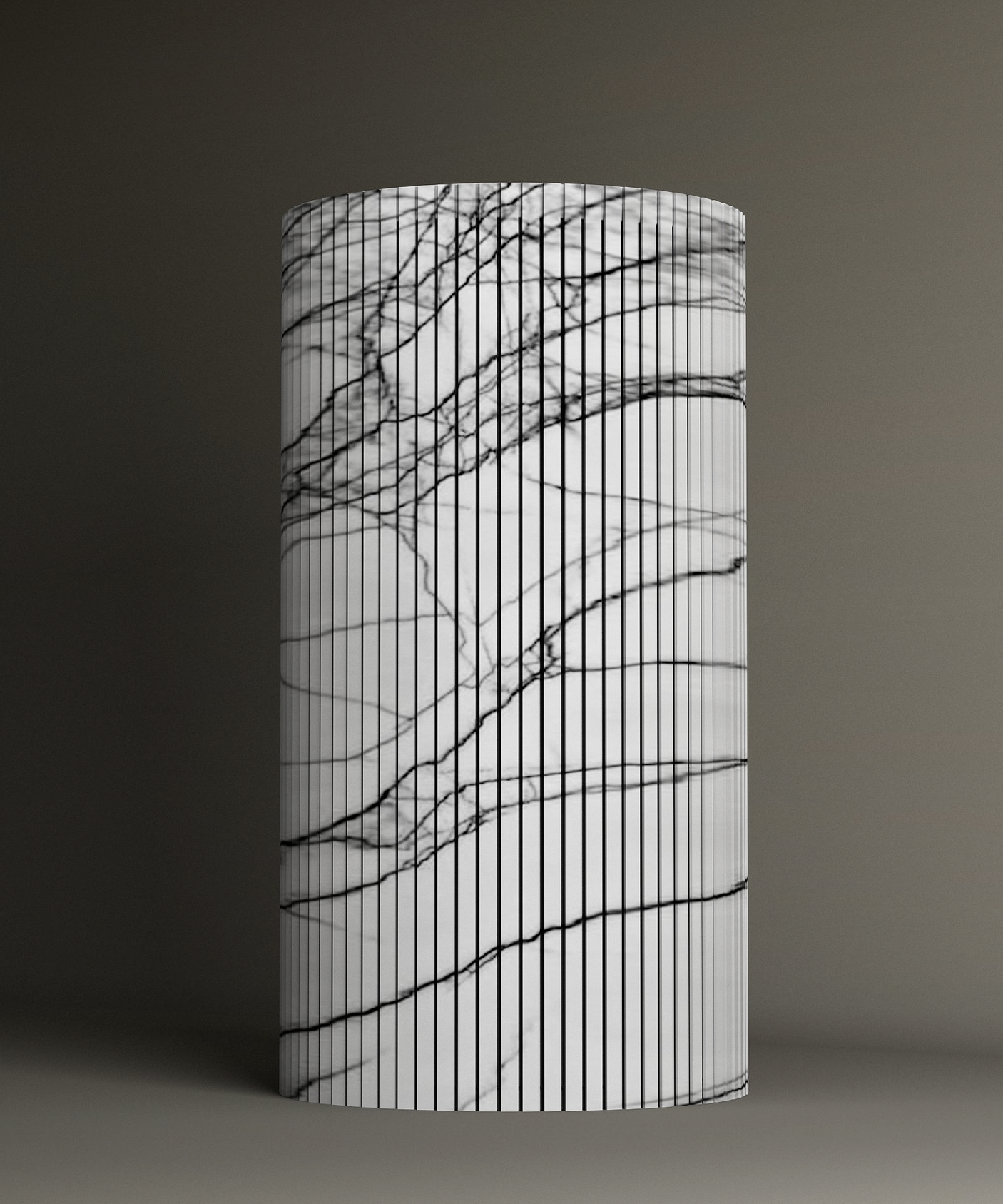 The TRAVERTABLE Lilac Round Fluted Marble Pedestal Vanity Sink has a smooth white cylindrical surface with vertical black fluting and organic vein-like black patterns, shown against a neutral background.