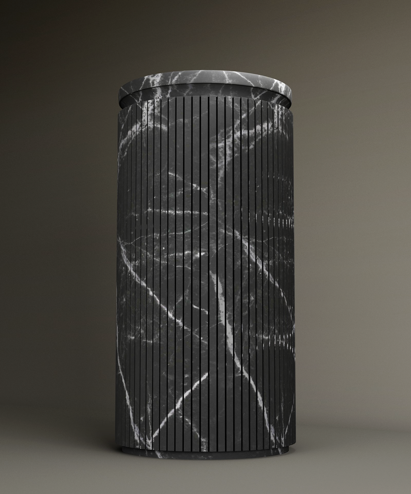 The TRAVERTABLE Nero Marquina Round Marble Pedestal Vanity Sink features a black surface with white veins and vertical grooves, making it a bold accent for modern bathrooms set against plain, neutral backgrounds.