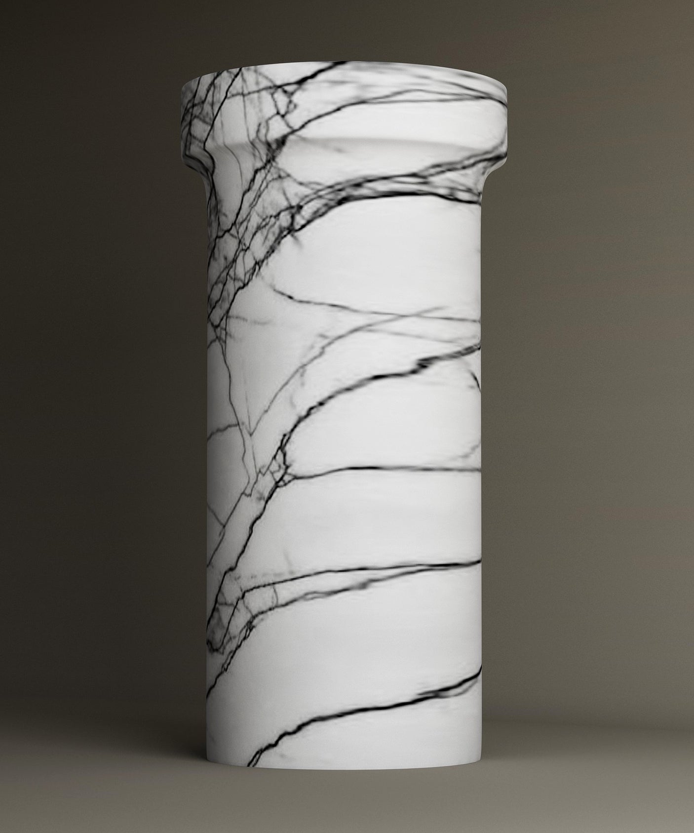 The TRAVERTABLE Lilac Marble Pedestal Vanity Sink features a freestanding cylindrical design with a white base and striking dark veining, shown against a plain, neutral background.