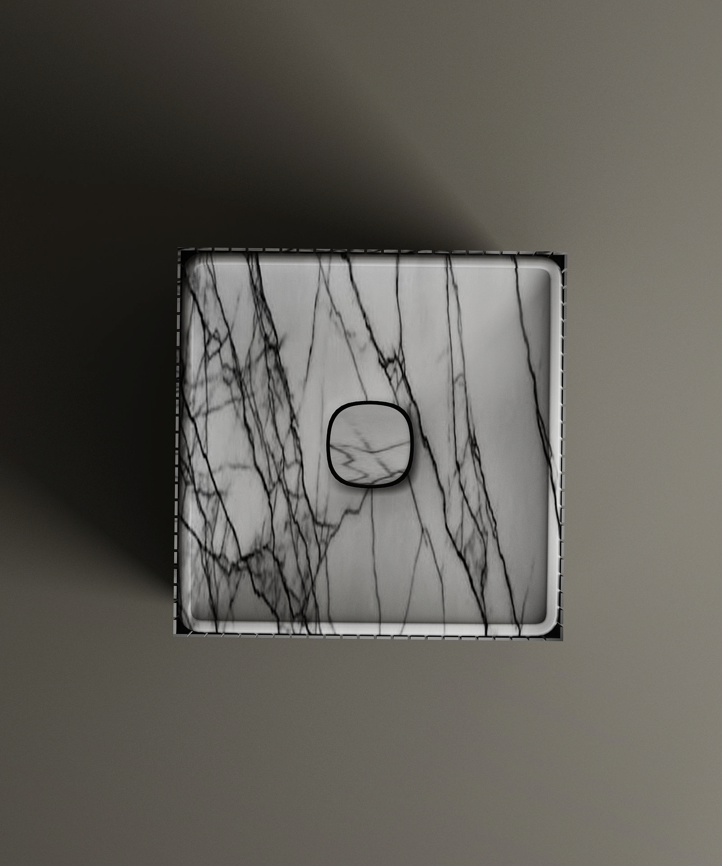 The TRAVERTABLE Lilac Square Fluted Marble Pedestal Vanity Sink showcases bold black veining and a central drain, viewed from above on a matte background—a striking centerpiece for any modern space.