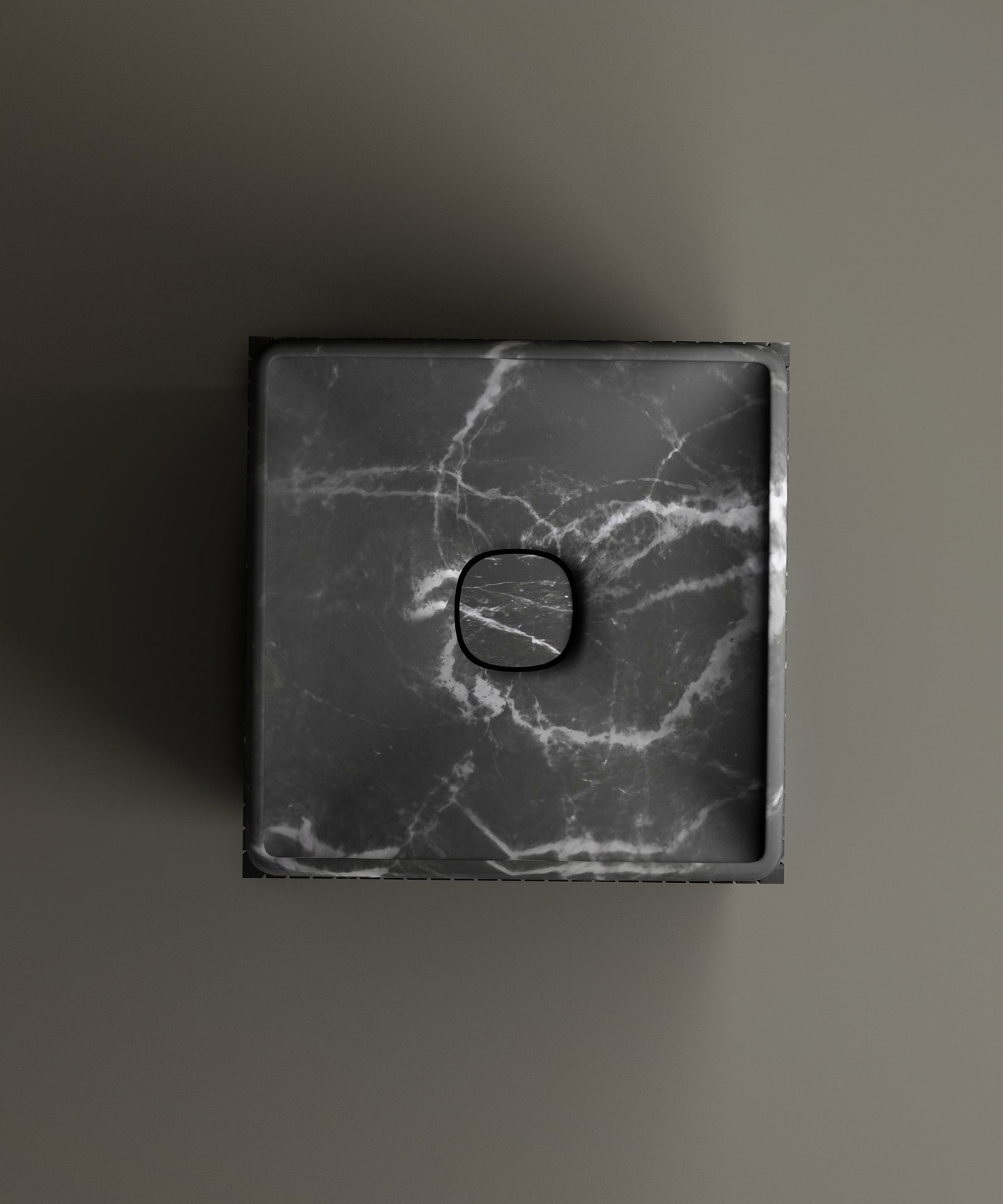 The Nero Marquina Square Marble Pedestal Vanity Sink by TRAVERTABLE is a black Spanish marble sink with white veining and a matching square drain cover, shown from above against a matte grey background for a sleek contemporary look.