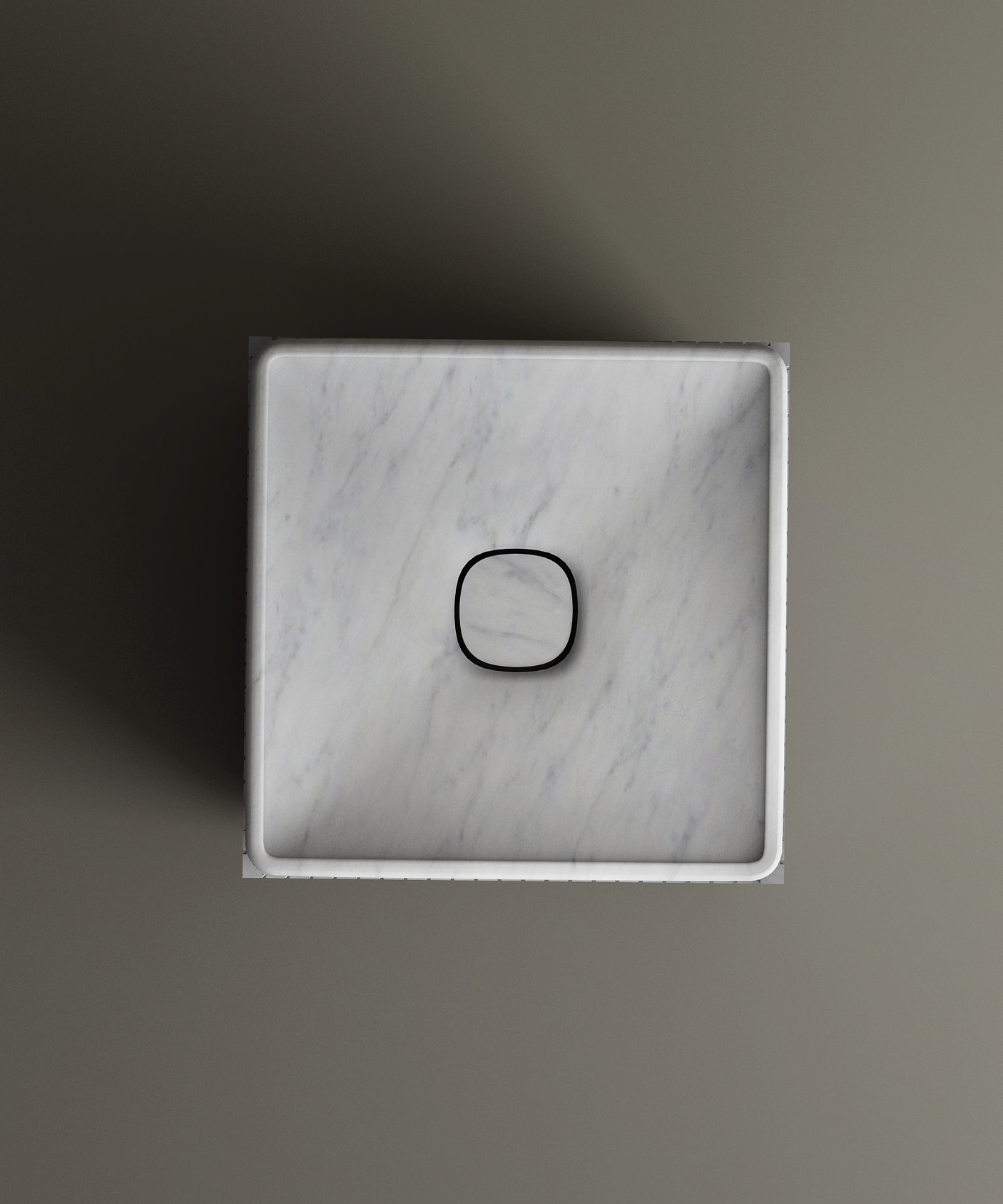 The TRAVERTABLE Carrara Square Marble Pedestal Vanity Sink features subtle gray veining and a centered black square drain. Shown from above against a neutral gray backdrop, its the perfect touch for elegant interiors.