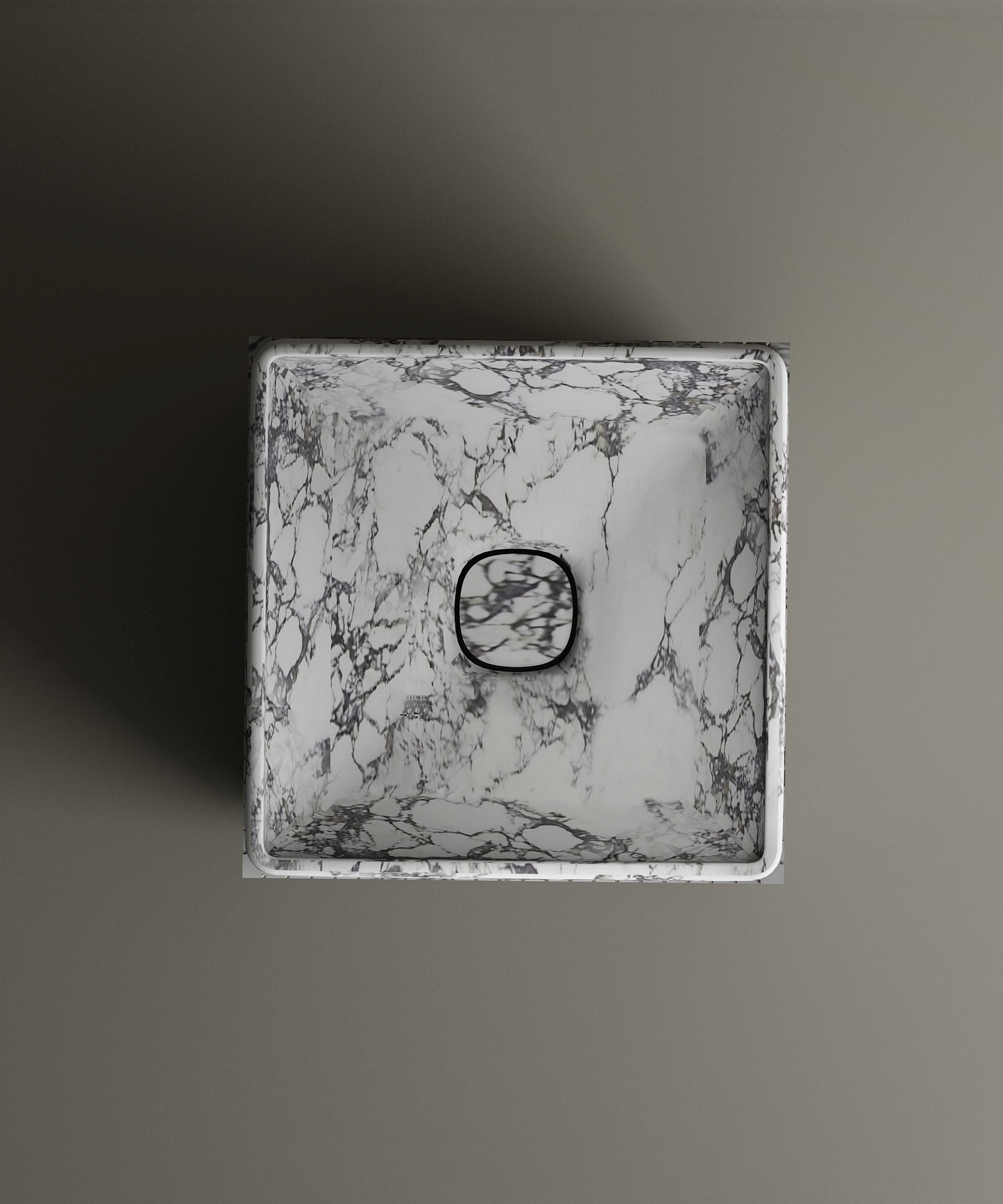 The TRAVERTABLE Calacatta Square Marble Pedestal Vanity Sink, with elegant gray veining and a central square drain, is displayed from above on a matte gray backgroundβan ideal choice for modern bathroom designs.