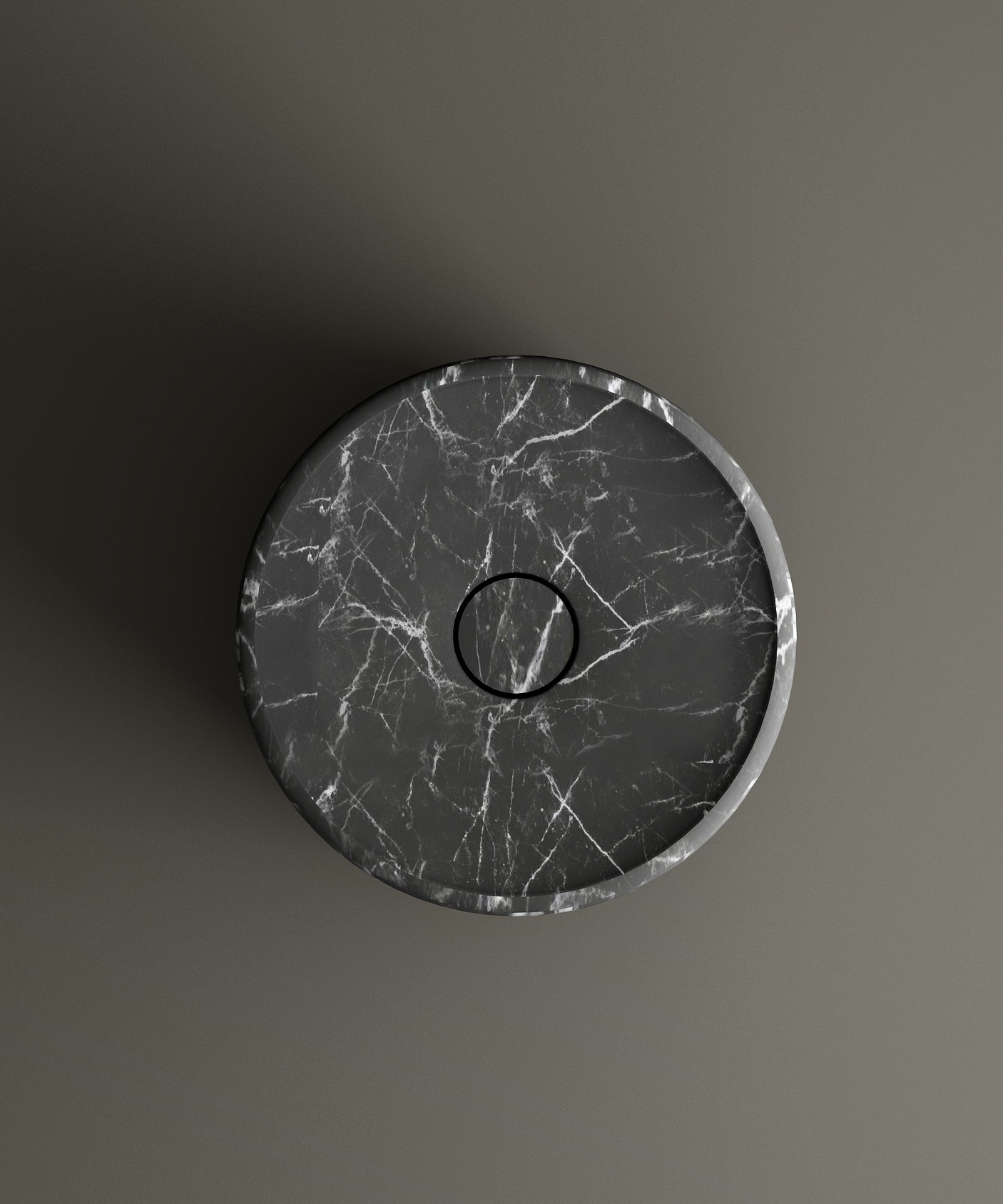 The TRAVERTABLE Nero Marquina Round Marble Pedestal Vanity Sink features smooth edges, dramatic white veining on black marble, and a central drain. Shown from above against a plain gray background, it’s perfect for bathroom design.