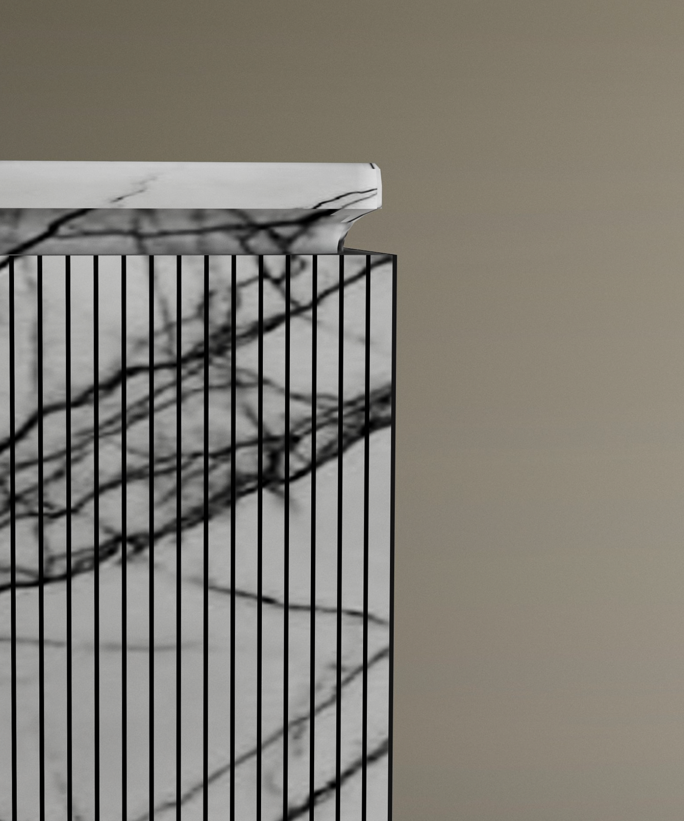 The TRAVERTABLE Lilac Square Marble Pedestal Vanity Sink features fluted sides, a smooth rounded top, and elegant lilac veining accented by shadows from tree branches, set before a plain beige wall.