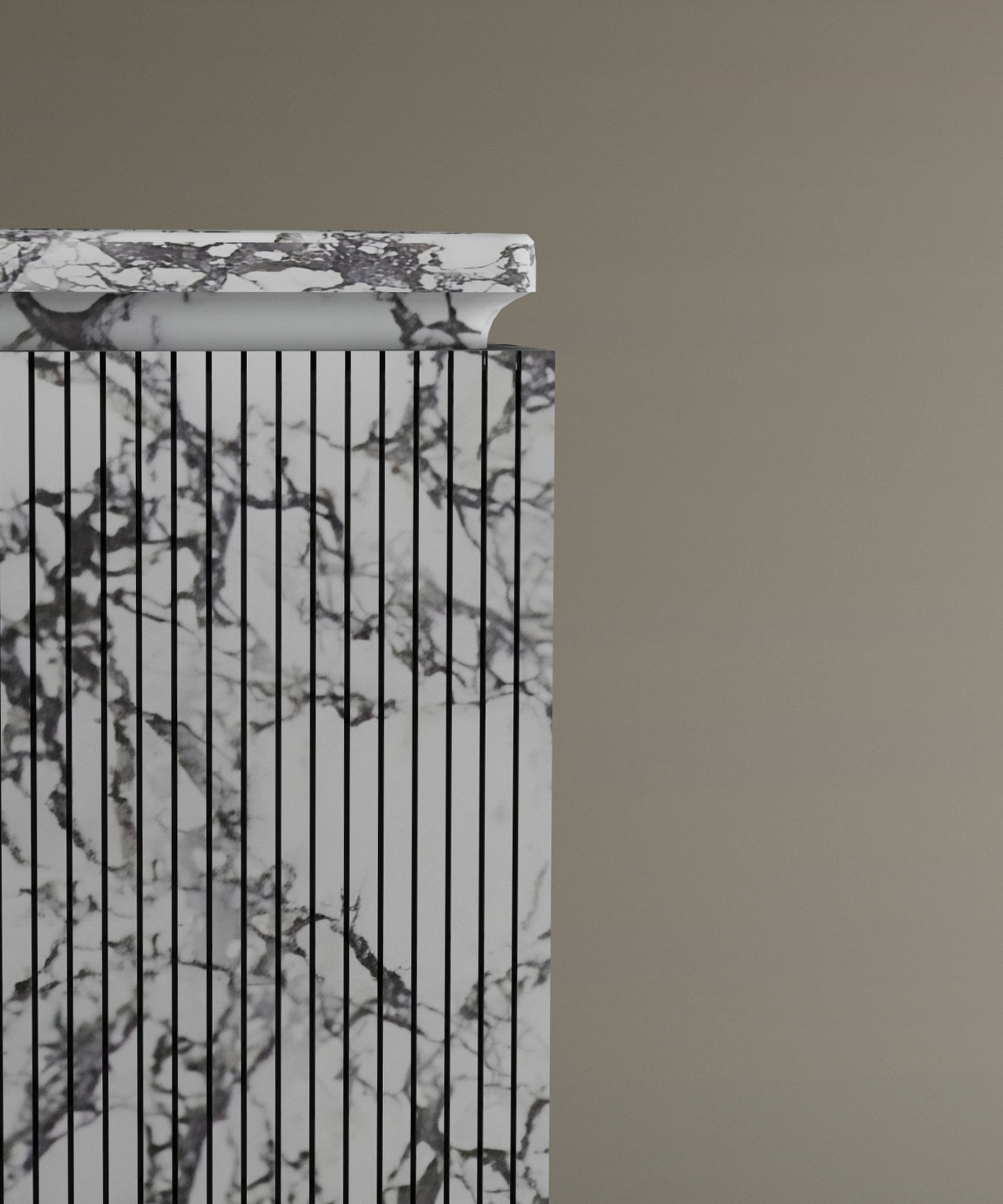 A partial view of the TRAVERTABLE Calacatta Square Marble Pedestal Vanity Sink, showcasing black vertical lines and gray veining, makes a striking centerpiece for modern bathrooms. Its flat rectangular top is set against a plain beige background.