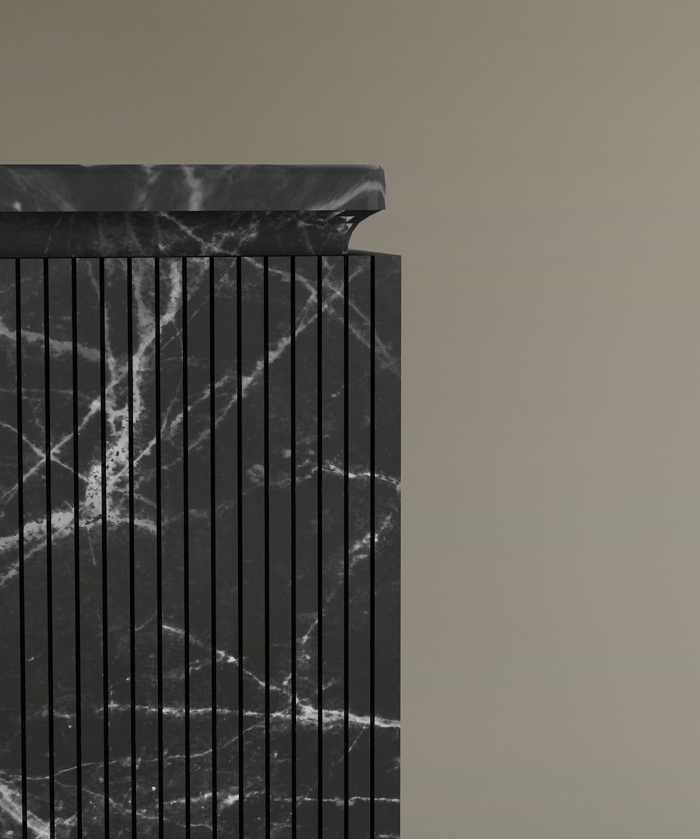 A close-up of the corner of the TRAVERTABLE Nero Marquina Square Marble Pedestal Vanity Sink, featuring white veining and vertical grooves, set against a plain beige background.