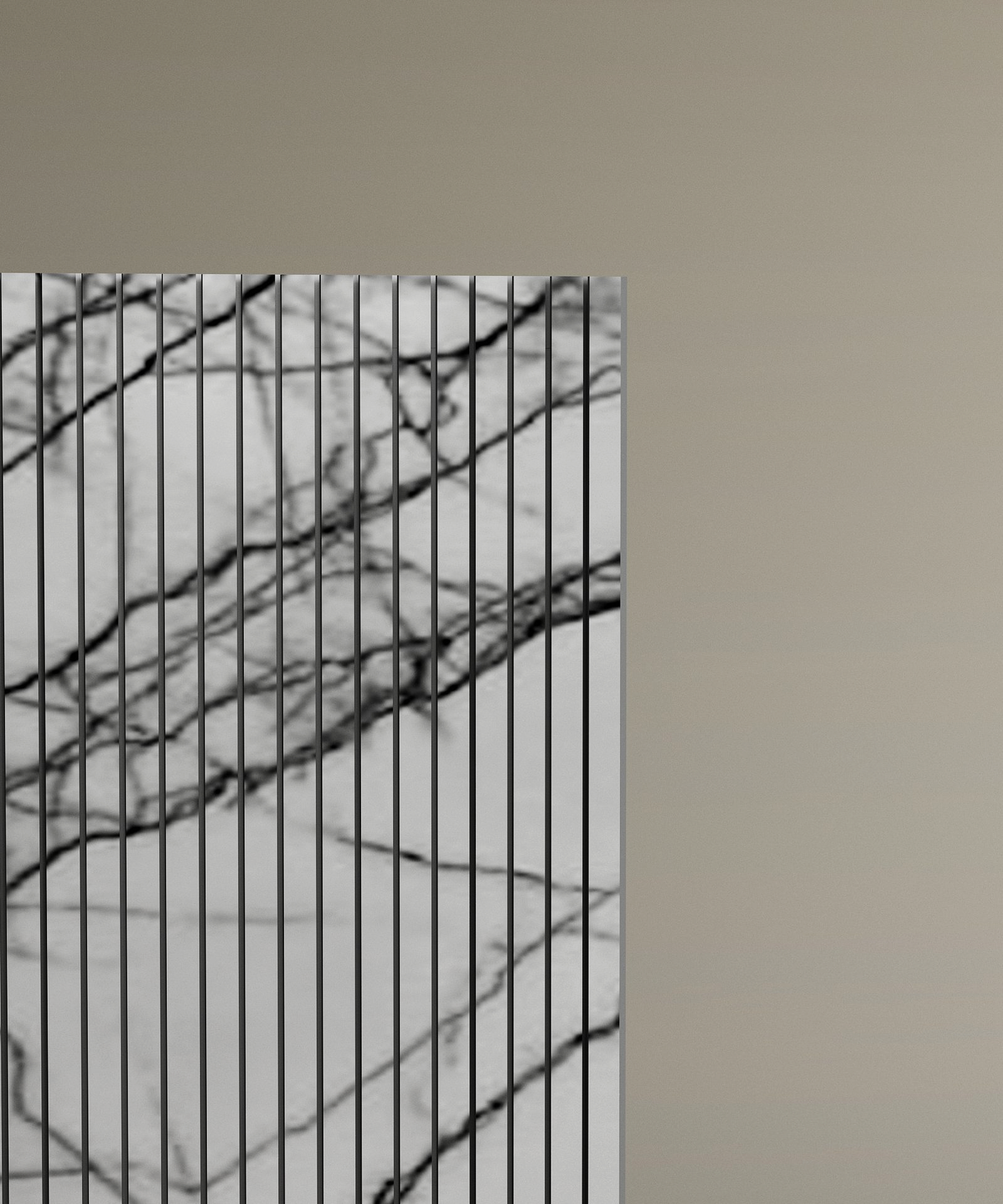 A Lilac Square Fluted Marble Pedestal Vanity Sink by TRAVERTABLE, with dark veining and thin black lines, appears on the left against a beige background; only half of the image shows the marble panel.