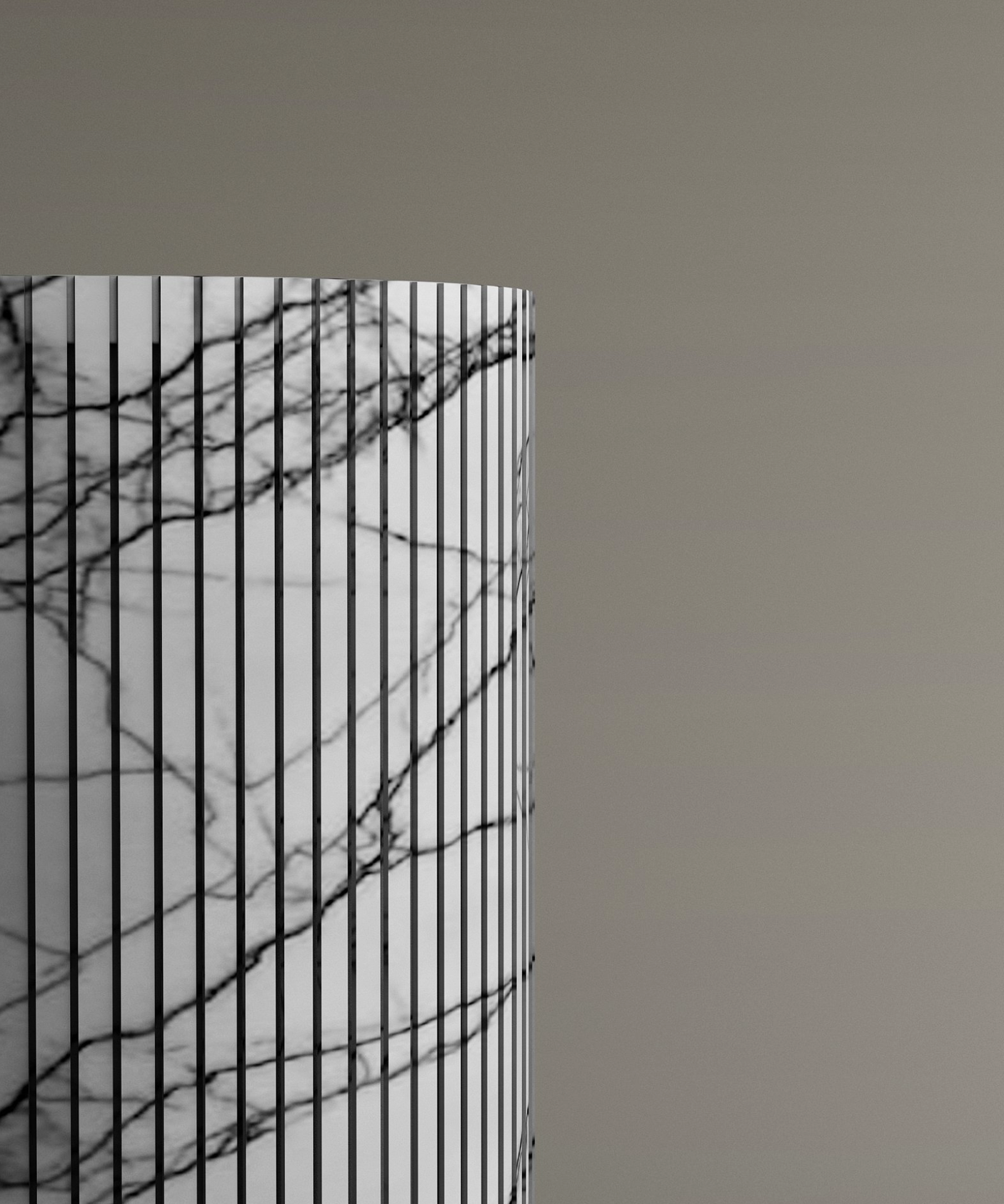 The TRAVERTABLE Lilac Round Fluted Marble Pedestal Vanity Sink is shown against a taupe background, displaying its white marble surface with dark veins and vertically fluted black stripes. Only the left half of the basin is visible.