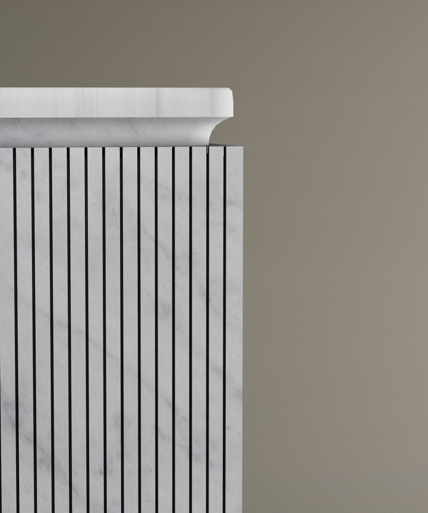 A minimalistic section of the TRAVERTABLE Carrara Square Marble Pedestal Vanity Sink features vertical grooves and a rounded capital against a plain beige background, highlighting its refined texture and designβideal for elegant interiors.