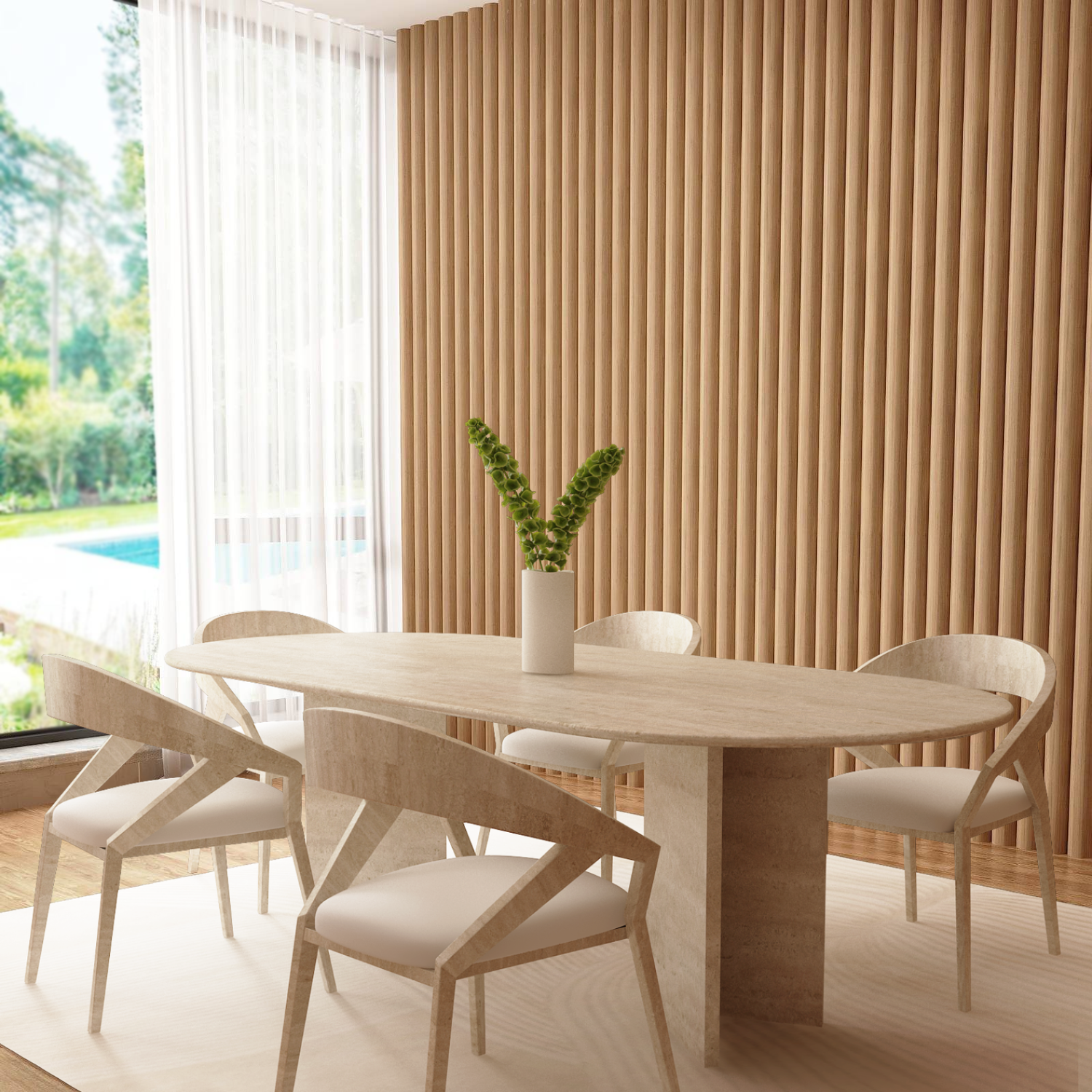 A modern dining room features the TRAVERTABLE Oval Travertine Dining Table with Split-V Pedestal Base, six matching chairs, a white vase with greenery, wood slat wall paneling, a large window, and views of lush green and a pool outside.