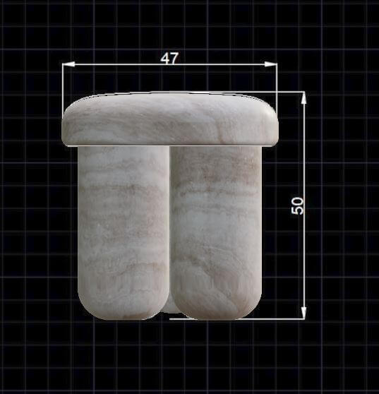 The Travertable Travertine Elegance Accent Table, featuring a cylindrical design with a marble-textured surface and rounded top, is displayed against a black grid. Dimensions marked are 47 and 50.