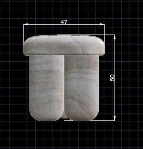 The Travertable Travertine Elegance Accent Table, featuring a cylindrical design with a marble-textured surface and rounded top, is displayed against a black grid. Dimensions marked are 47 and 50.