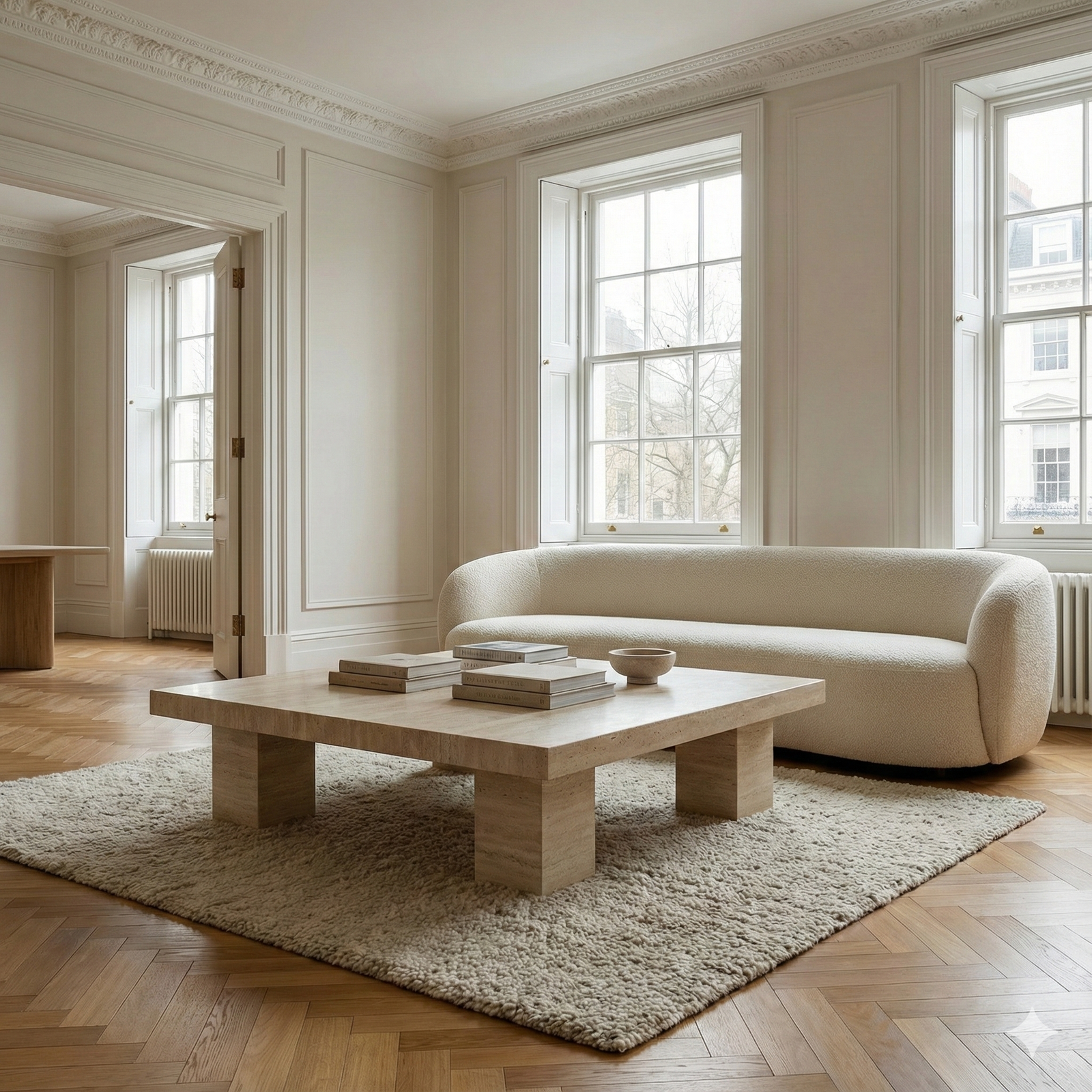 london apartment showcasing travertine coffee table