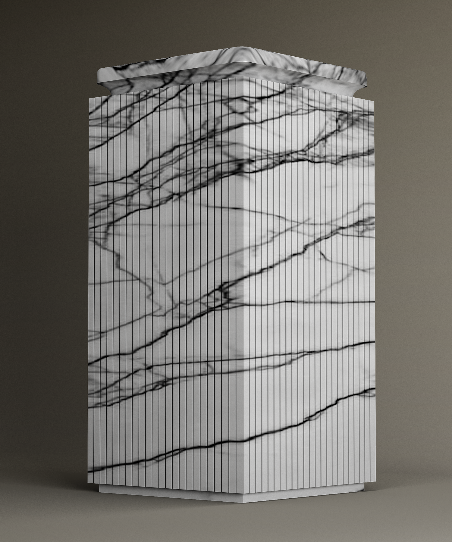 A rectangular marble box with black veining patterns sits on a gray surface. A single black-edged button is centered on the top of the box. The lighting creates a shadow on the left side.
