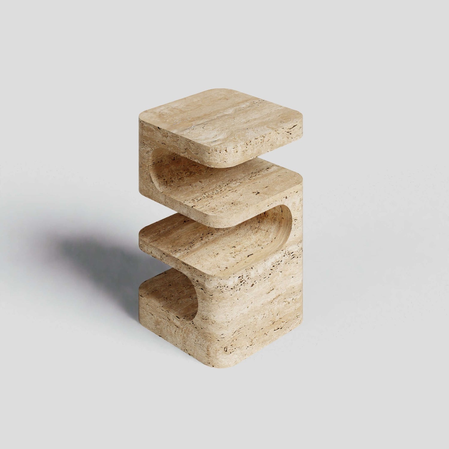 travertine side table with 3 shelves single block