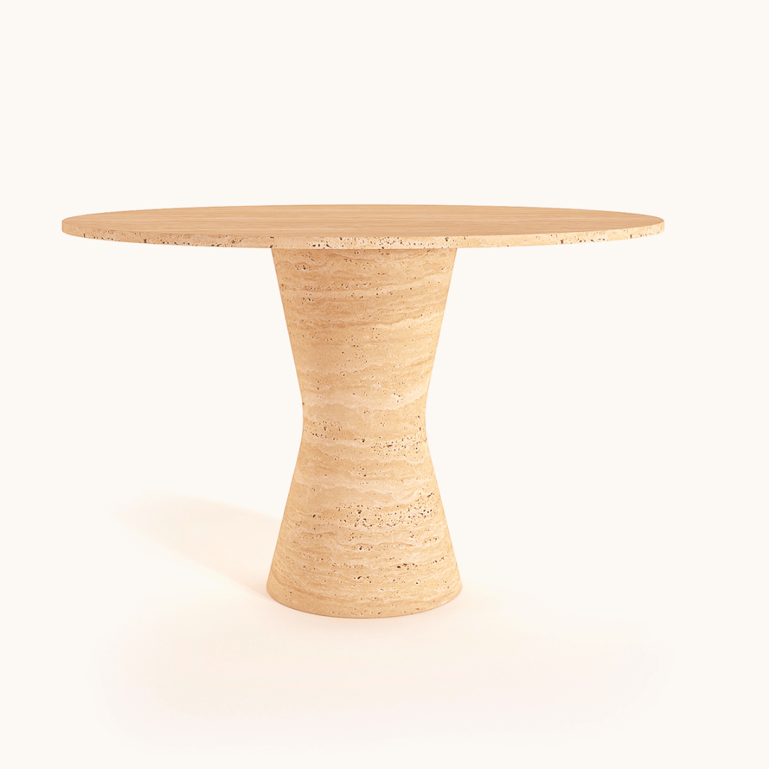 Lunar Surface Round Travertine Dining Table, Curved Leg