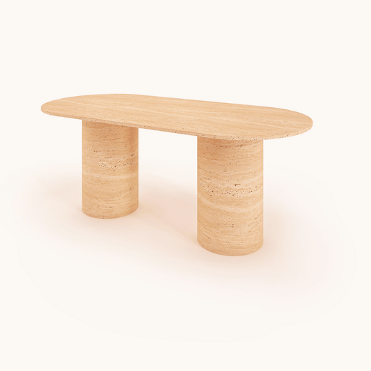 The Arcadia Dining Table by Travertable features an oval wooden top with a smooth finish and two cylindrical legs, set against a simple light background. Customize it to reflect your style, adding unique touches for the perfect fit in any space.