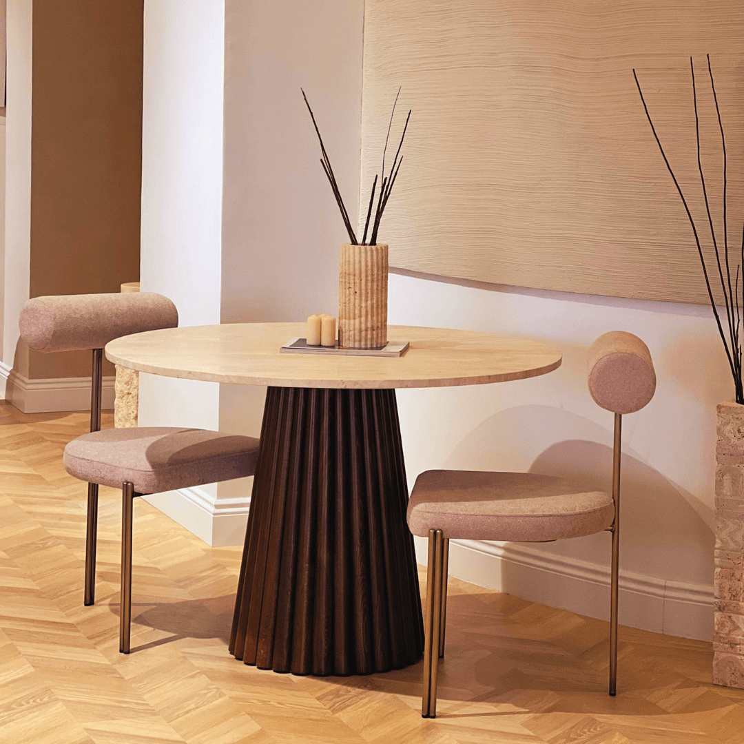 The Walnut Leg Round Travertine Dining Table