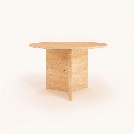 The Contemporary Round Travertine Table by Travertable showcases natural elegance with its smooth wooden top and sturdy, angled base, blending modern design with minimalist style against a plain white background.