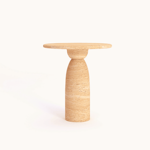 The Modern Minimalist Travertine Side Table by Travertable features a handcrafted design with a light beige travertine stone round top and tapered cylindrical base, emphasizing clean lines and a natural finish against a plain white background for sophisticated interiors.