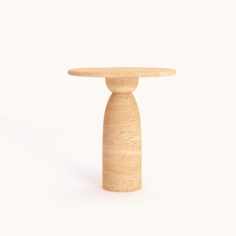 The Modern Minimalist Travertine Side Table by Travertable features a handcrafted design with a light beige travertine stone round top and tapered cylindrical base, emphasizing clean lines and a natural finish against a plain white background for sophisticated interiors.