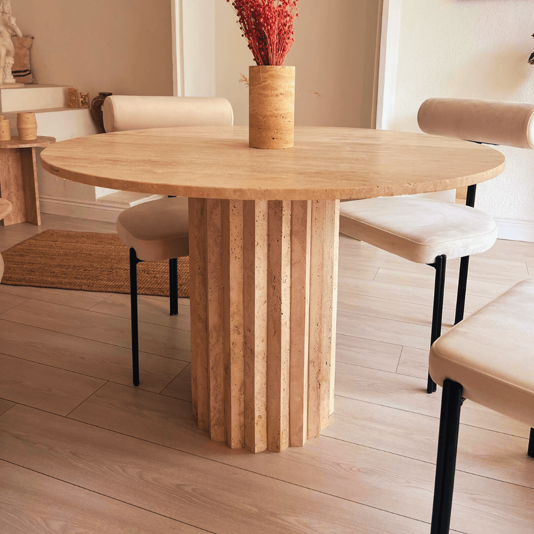 The Fluted Round Travertine Dining Table