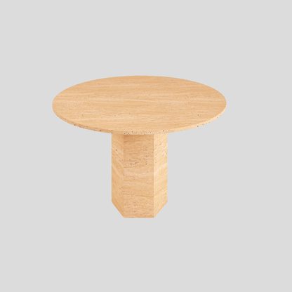 The Hexagon Round Travertine Dining Table by Travertable features a cylindrical wood design with a pale beige finish and an elegant travertine base, set against a plain light gray background.