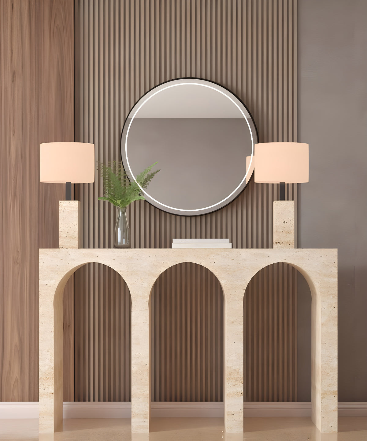 Travertine Console Table with Three Arches – Contemporary Organic Form