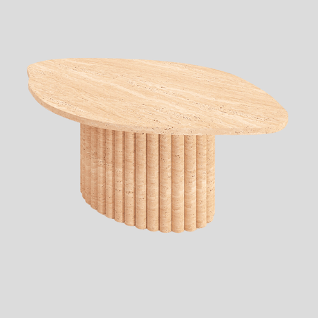 The Timeless Stone Travertine Coffee Table by Travertable, featuring an oval top and vertical cylindrical wooden slats, showcases its natural beauty against a plain gray background, making it a durable addition to any living space.