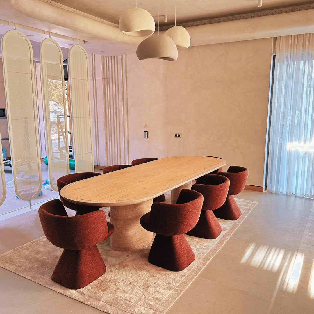 The Harmony Travertine and Walnut Dining Table