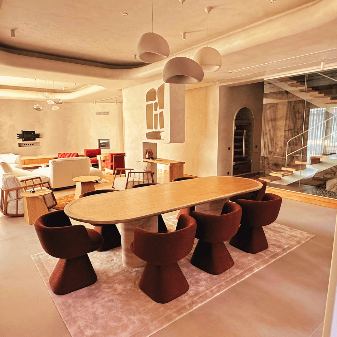 The Harmony Travertine and Walnut Dining Table