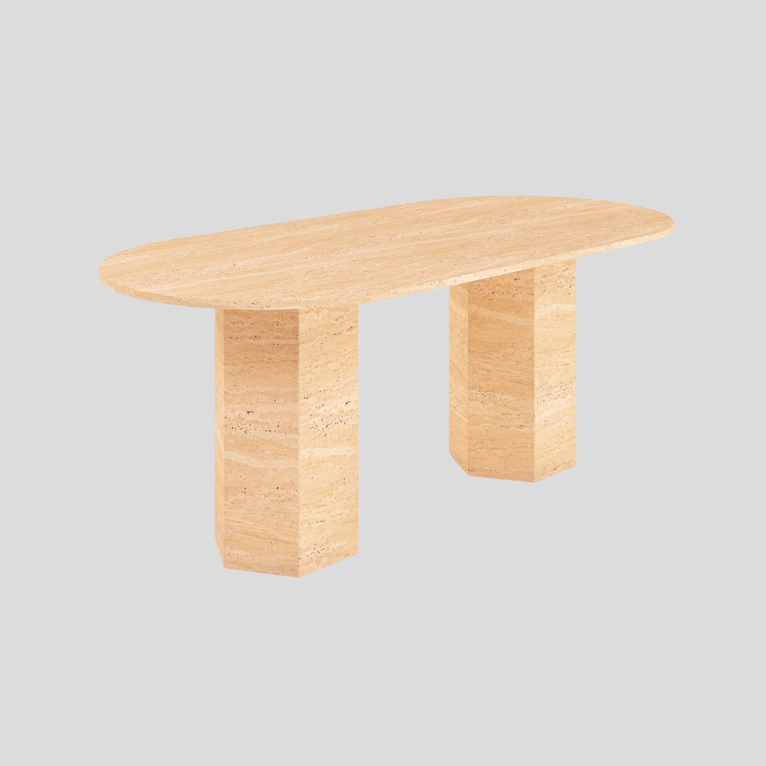 The Hexaform Travertine Dining Table by Travertable features a customizable light brown tabletop with rounded edges, two thick rectangular legs, and a smooth polished surface, all crafted from travertine stone on a neutral gray background.