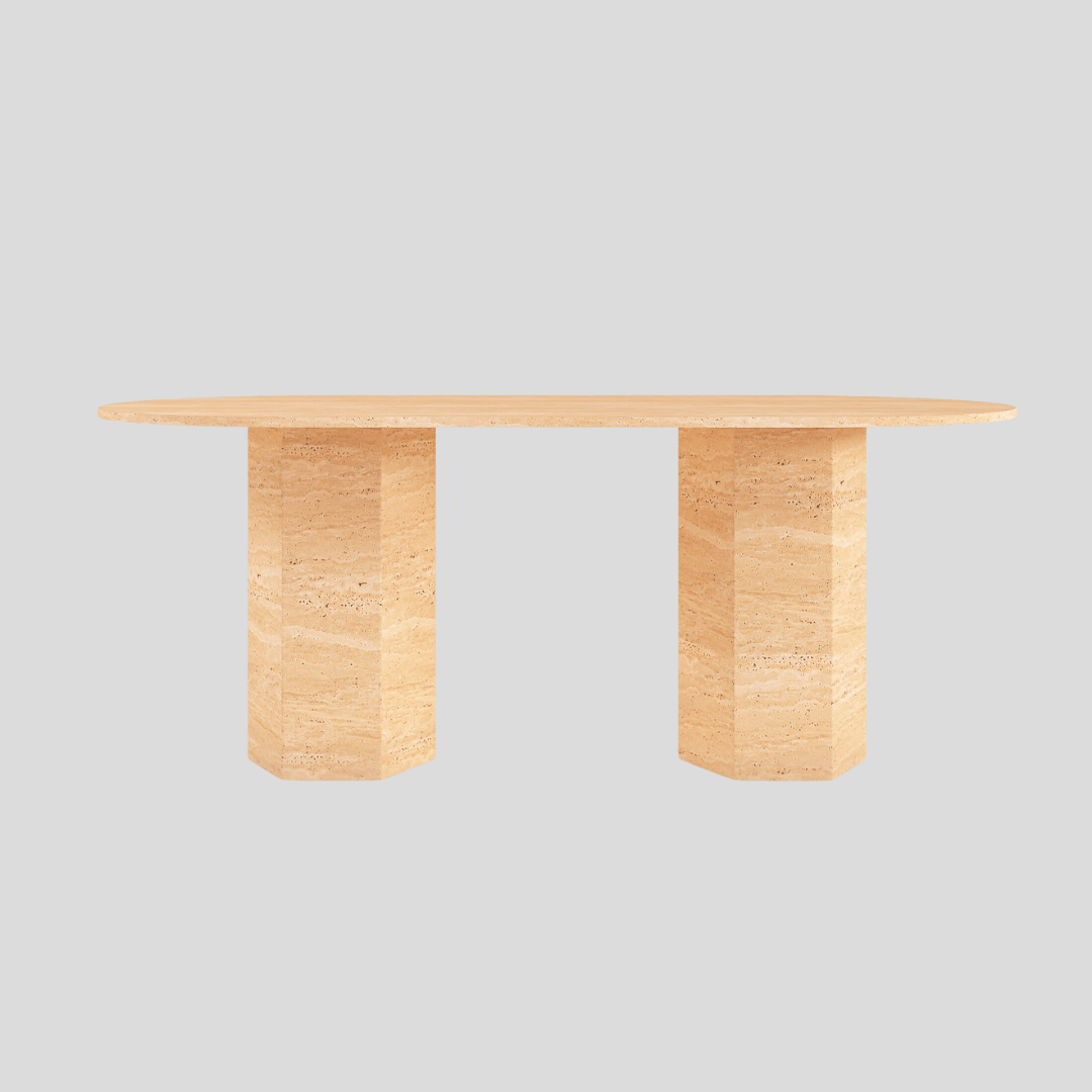 The Hexaform Travertine Dining Table