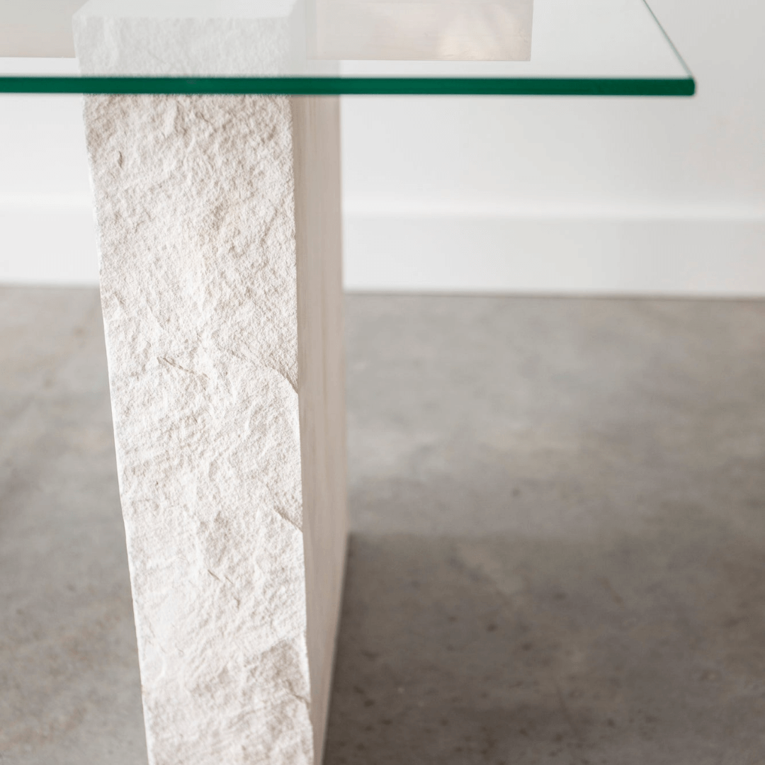 The Lucent Travertine and Glass Dining Table