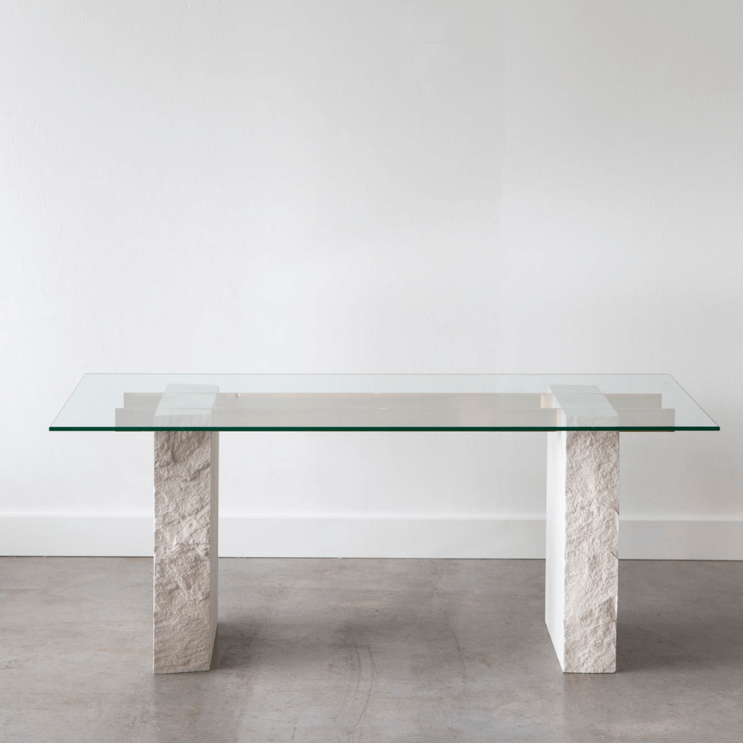 The Lucent Travertine and Glass Dining Table