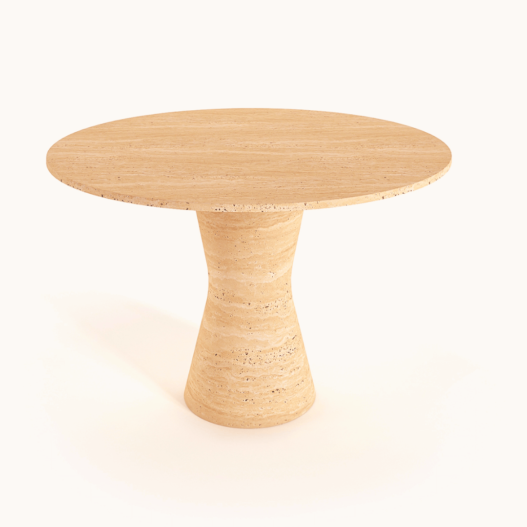 Lunar Surface Round Travertine Dining Table, Curved Leg