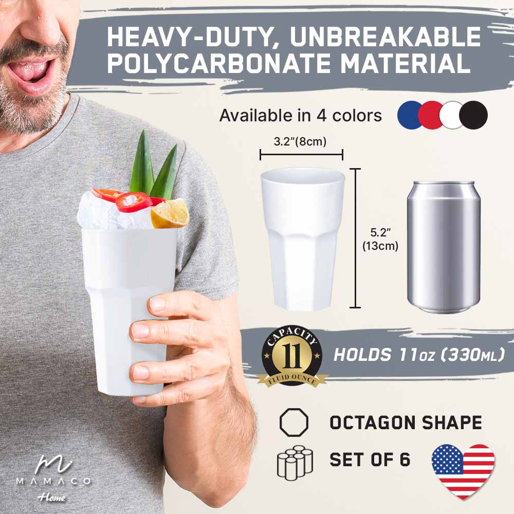 Unbreakable Drinking Glasses - Reusable Drinkware - Juice & Cocktail & Party-11 Oz, WHITE