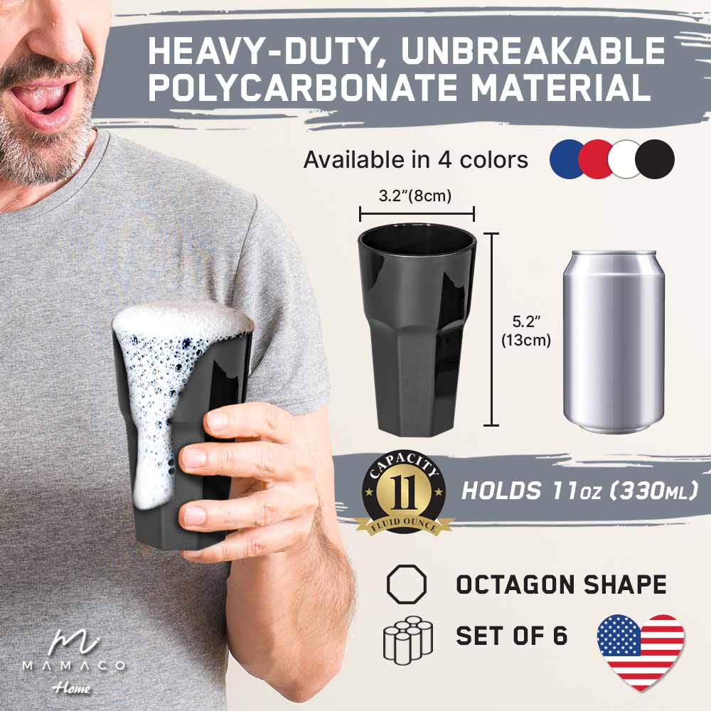 Unbreakable Drinking Glasses - Reusable Drinkware - Juice & Cocktail & Party-11 Oz, BLACK