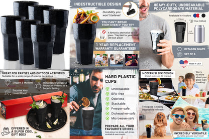Collage featuring Mamaco Homes unbreakable polycarbonate glasses, known for their indestructible nature, modern design, and BPA-free material. Includes images of these 11 oz black drinking glasses in various settings and an optional gift box. Comes with a 1-year replacement warranty.