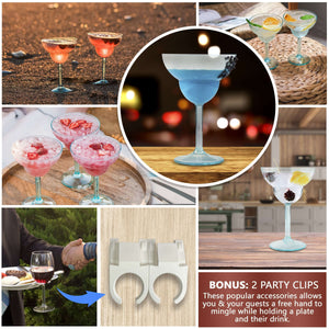 Images displaying Mamaco Homes clip-on holders with stemmed drinks such as margaritas and wine. Includes a bonus of two party clips for hands-free mingling, showcasing the utility of unbreakable polycarbonate clips from Unbreakable Margarita Glasses – 14oz Large Polycarbonate Drinkware.