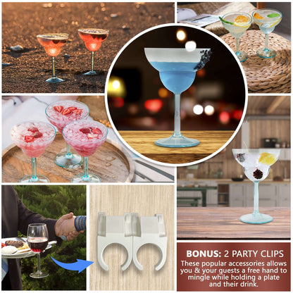 Images displaying Mamaco Homes clip-on holders with stemmed drinks such as margaritas and wine. Includes a bonus of two party clips for hands-free mingling, showcasing the utility of unbreakable polycarbonate clips from Unbreakable Margarita Glasses – 14oz Large Polycarbonate Drinkware.