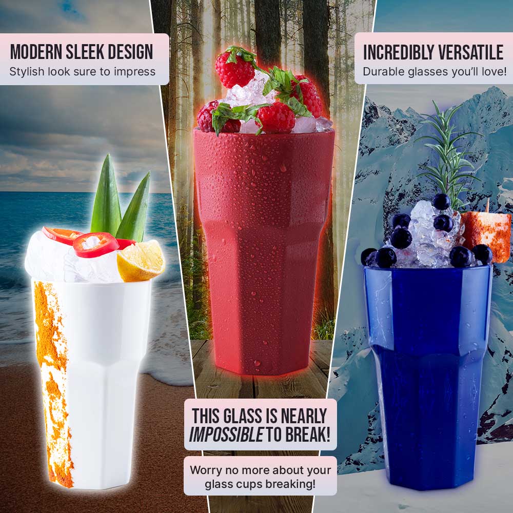 Mamaco Homes unbreakable USA flag-themed drinking glasses come in sleek designs featuring berries or blueberries and cream on a snowy backdrop, emphasizing their versatility and shatterproof durability, ideal for 4th of July festivities.