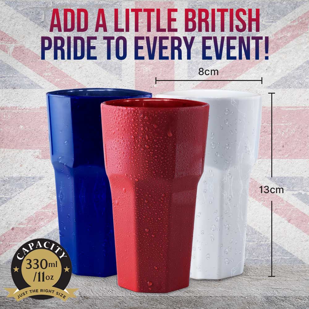 Three textured cups with a USA flag theme in front of a faded Union Jack reflect British pride. Text reads, Add a little British pride to every event! These Mamaco Home tumblers are unbreakable, shatterproof, BPA-free, and perfect for 4th of July; each holds 330ml/11oz and measures 8cm by 13cm.